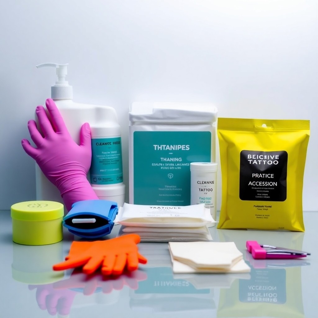 Illustrative display of gloves, cleaning products and tattoo supplies