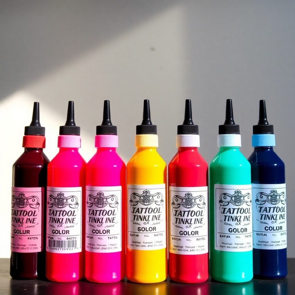 Illustrative arrangement of colorful tattoo ink bottles